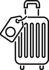 Line icon of a travel suitcase with attached tag, evoking baggage claim and travel arrangements
