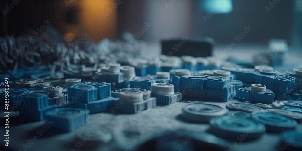 Poster a pile of blue and white buttons on a table
