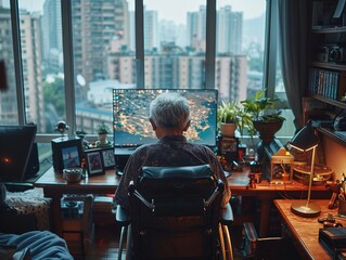 Independent Asian Person in Wheelchair Focused on Using Computer at Home; Detail-Rich Apartment Surroundings