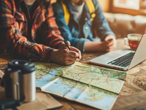 Couple Planning Road Trip With Map and Laptop