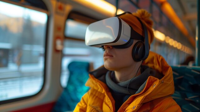 Young man using virtual reality headset on train journey