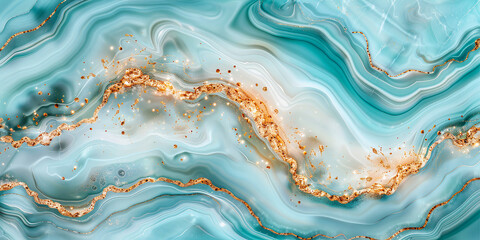 Turquoise marble background with gold veins. Realistic style