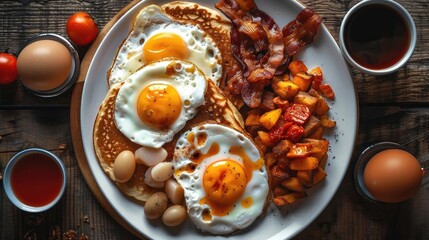 Delicious breakfast with sunny-side-up eggs, crispy bacon, pancakes, roasted potatoes, and fresh coffee served on a rustic wooden table.