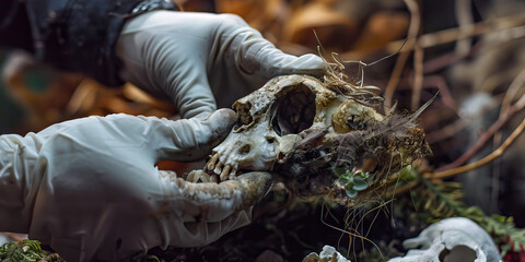 Close-up of a taxidermist’s hands preserving a specimen, showcasing natural beauty