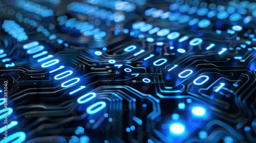 Poster A close-up image of a circuit board with glowing blue binary code. The intricate design of the board and the bright blue lights create a visually striking image of the digital world.