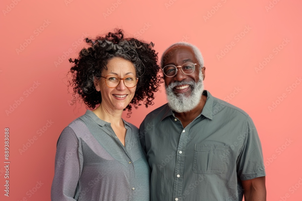 Wall mural Portrait of a glad mixed race couple in their 60s wearing a simple cotton shirt isolated on solid pastel color wall