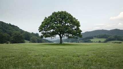 Obraz premium Serene Tree with a Perfectly Rounded Canopy in an Idyllic Open Field