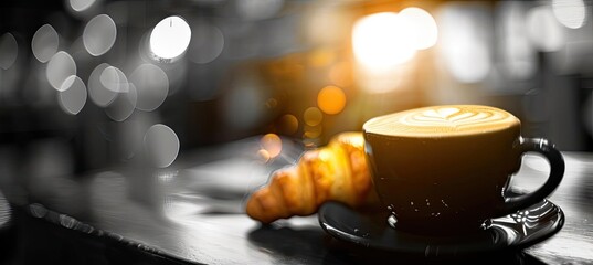 Naklejka premium A warm cup of coffee and a croissant on a cozy cafe counter, with a blurred background and morning sunlight filtering through.