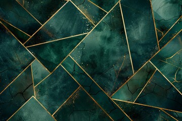 There are golden shiny lines around shapes of royal green boxes on the wall. You will find trendy creative designs in squares for the background.