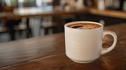 Obraz premium A hot cup of coffee on a wooden table in a cozy cafe setting, perfect for a relaxing morning or break during the day.