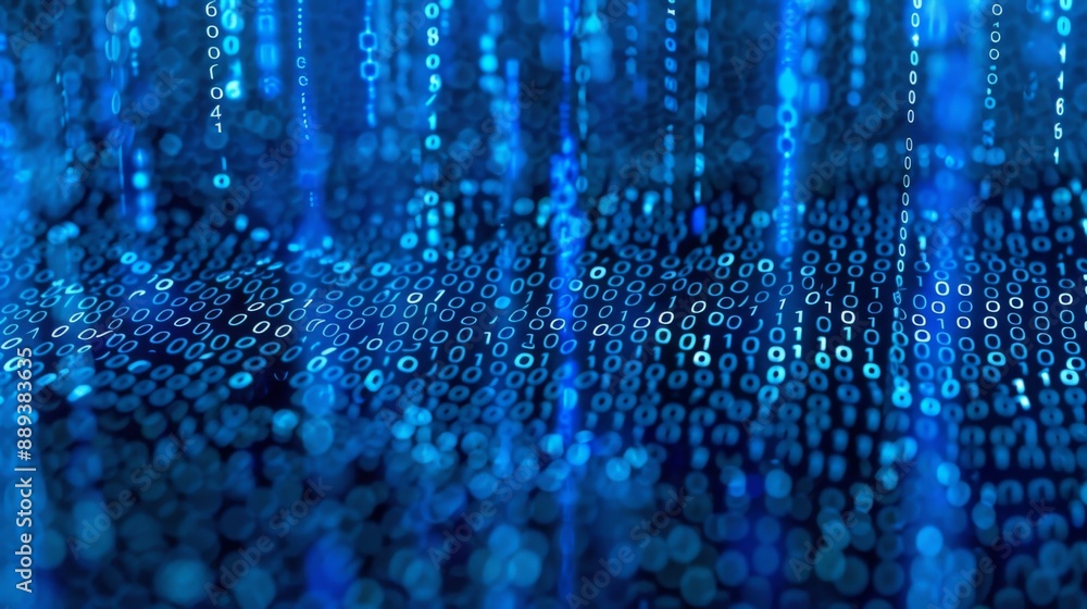 Aufkleber Digital rain of binary code falls onto a blue background, creating a futuristic and abstract effect.