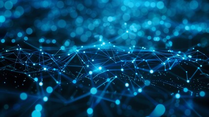 Blue data points and network connections on a black background.