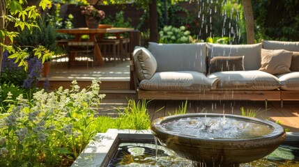 garden with a decorative water fountain near the sofa and table, creating a cool and relaxing atmosphere generative ai