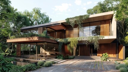 An epitome of modern luxury and geometric design, this house showcases a harmony of wood and glass materials