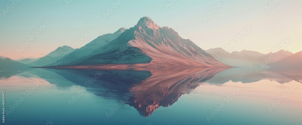 Aufkleber a 3d render of a fantasy landscape landscape with mountains reflecting in a water. an abstract backg