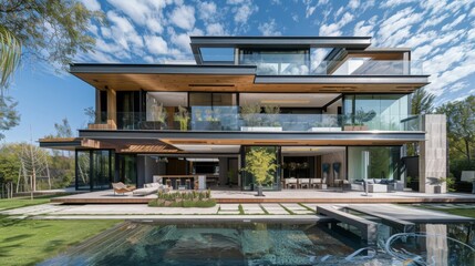 Obraz premium An epitome of modern luxury and geometric design, this house showcases a harmony of wood and glass materials