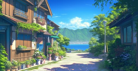 A neighborhood in rural Japan, outdoor streets with houses, green and nature scenery, scenic view, anime artwork