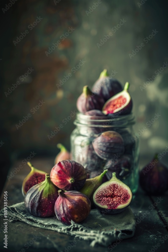 Poster A jar filled with figs sitting on top of a table, perfect for a rustic or vintage-themed setting
