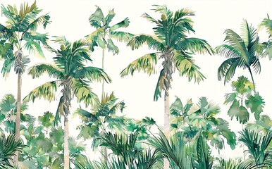 The forest landscape wallpaper design is hand drawn. It features tall palm trees, tropical trees, earth tones, modern wallpapers, backdrops, and murals.