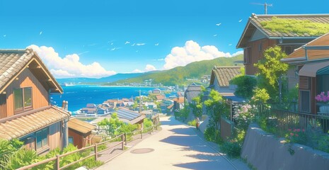 A neighborhood in rural Japan, outdoor streets with houses, green and nature scenery, scenic view, anime artwork