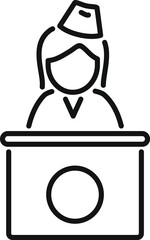 Line art icon of a female politician giving a speech from a tribune, perfect for political or social commentary projects