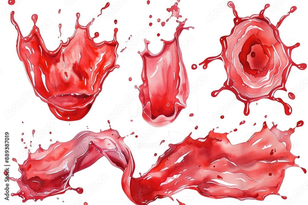 Poster A close-up shot of red liquid splashes on a white background, perfect for use in science and technology projects or abstract designs