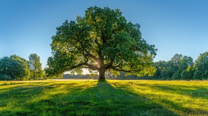 Fototapeta premium A bright, clear photograph of a majestic oak tree in a green meadow under a clear blue sky.
