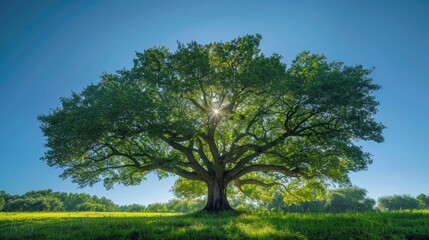 Fototapeta premium A bright, clear photograph of a majestic oak tree in a green meadow under a clear blue sky.
