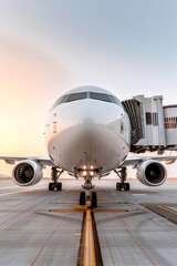 Front view of a large aircraft at sunrise, docked at the airport gate, ready for boarding