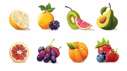 Set of 9 cartoon fruit icons, modern and stylized, arranged symmetrically on a white background