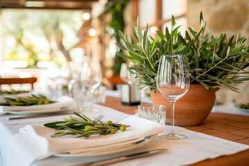 Elegant outdoor dining table setting with olive branches and rustic decor.