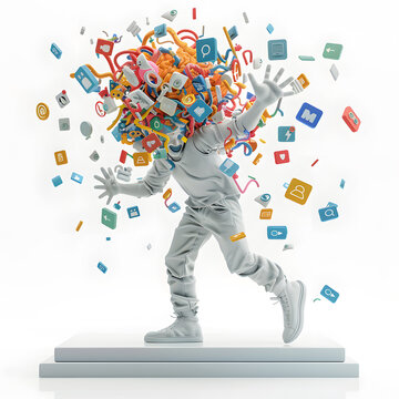 Social media addiction, with a 3D rendering head bursting open from the pressure of excessive information.information illustrated by brain exploding .