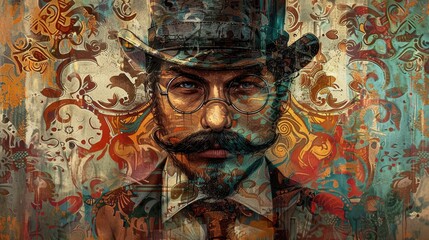 Fototapeta premium A retro-inspired illustration of a gentleman with a well-groomed mustache, wearing a bowler hat and monocle, set against a vintage patterned background.