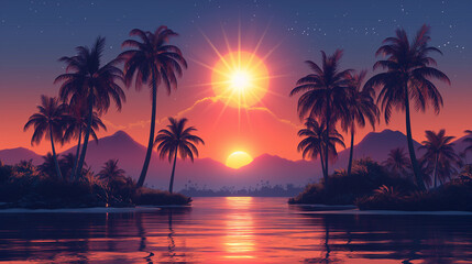 A poster with foreground , A mountain with palm trees And background , A gentle rising sun spreading warm colors across the sky.