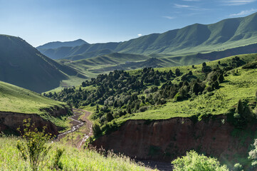 Panorama of a green mountain valley, green mountains and a clay cliff. Journey into the wild.