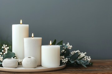 Three white candles burning on a tray with eucalyptus and white berries.