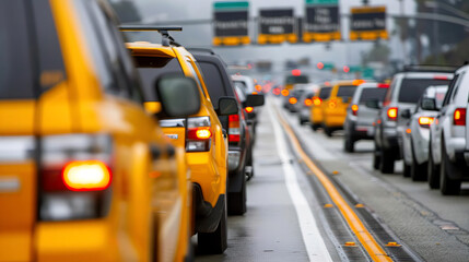 Obraz premium Heavy traffic jam with yellow taxi cabs and other vehicles on a city highway during a rainy day, blurred background with focused foreground.