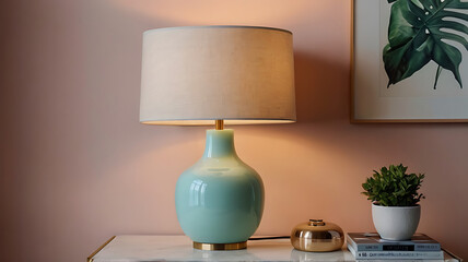 A modern table lamp with a sleek design, placed on a soft pastel background to highlight the lamp's features