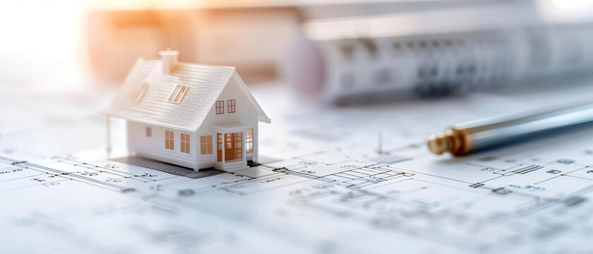 Miniature house on architectural plans with a pen and blueprints in the background, symbolizing real estate, design, and home planning.