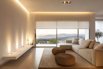 Fototapeta premium Modern living room with minimalist decor and large windows offering a view of nature.