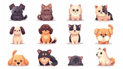 Set of 9 cartoon pet icons, modern and stylized, arranged symmetrically on a white background