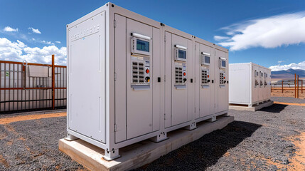 Outdoor industrial power station with control panels under a clear blue sky, illustrating energy storage and infrastructure.