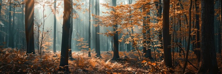 Fototapeta premium An autumn forest, panoramic poster with