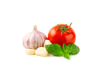 Fresh cherry tomatoes and fresh green basil isolated on white background. Tomato sauce. Vegan. Ingredients for salad. Organic food. Place for text. Copy space.