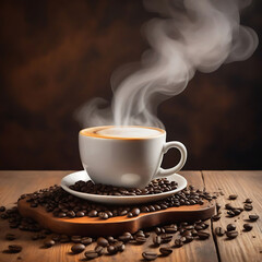 Coffee cup on wooden table with coffee beans scattered around