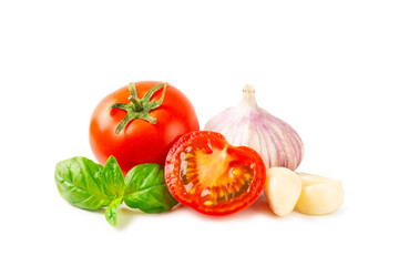 Fresh cherry tomatoes and fresh green basil isolated on white background. Tomato sauce. Vegan. Ingredients for salad. Organic food. Place for text. Copy space.