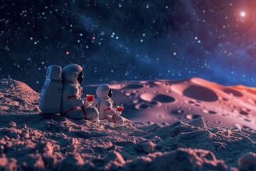 Obraz premium Two astronauts share a romantic moment on the moon, sipping from glasses as they gaze out at the starry night sky.