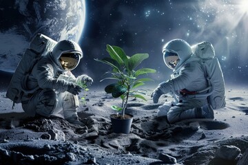 Two astronauts enjoy a romantic breakfast on the moon, sharing a potted plant while overlooking Earth in the distance.