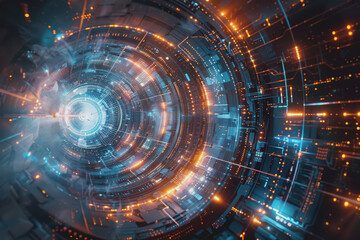 Fototapeta premium Blue and Silver light, Explore the futuristic vistas of an abstract radial technology city.