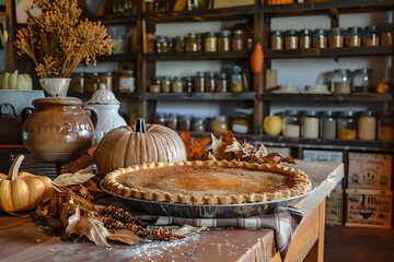 Fototapeta premium Rustic pumpkin pie on vintage farmhouse table